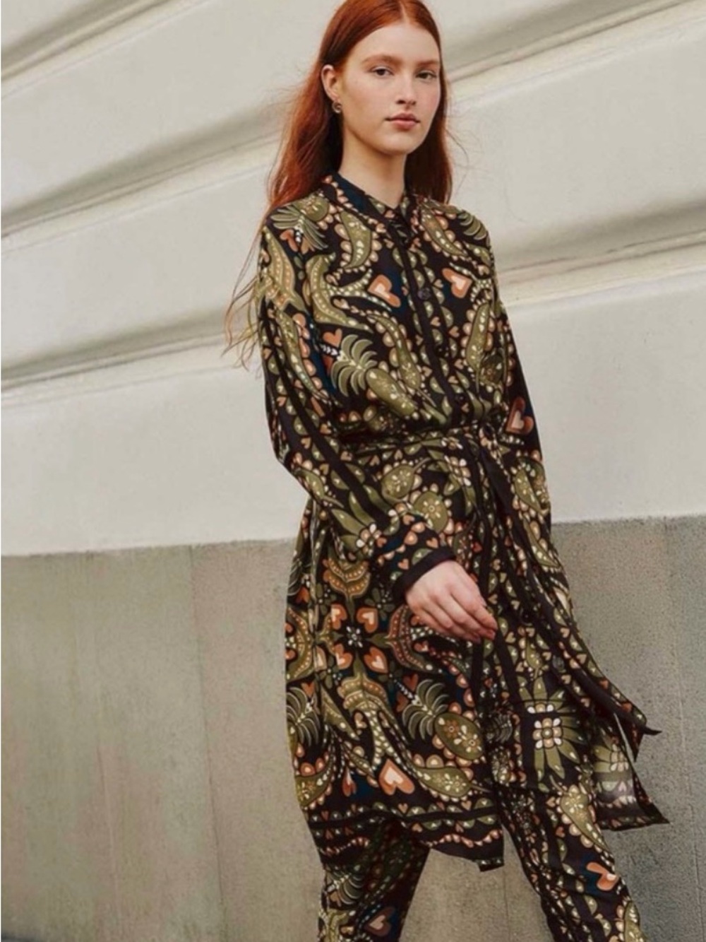 FARM Rio Black Paisley Tie-Waist Long Sleeve Midi Dress with Olive & Tan Accents